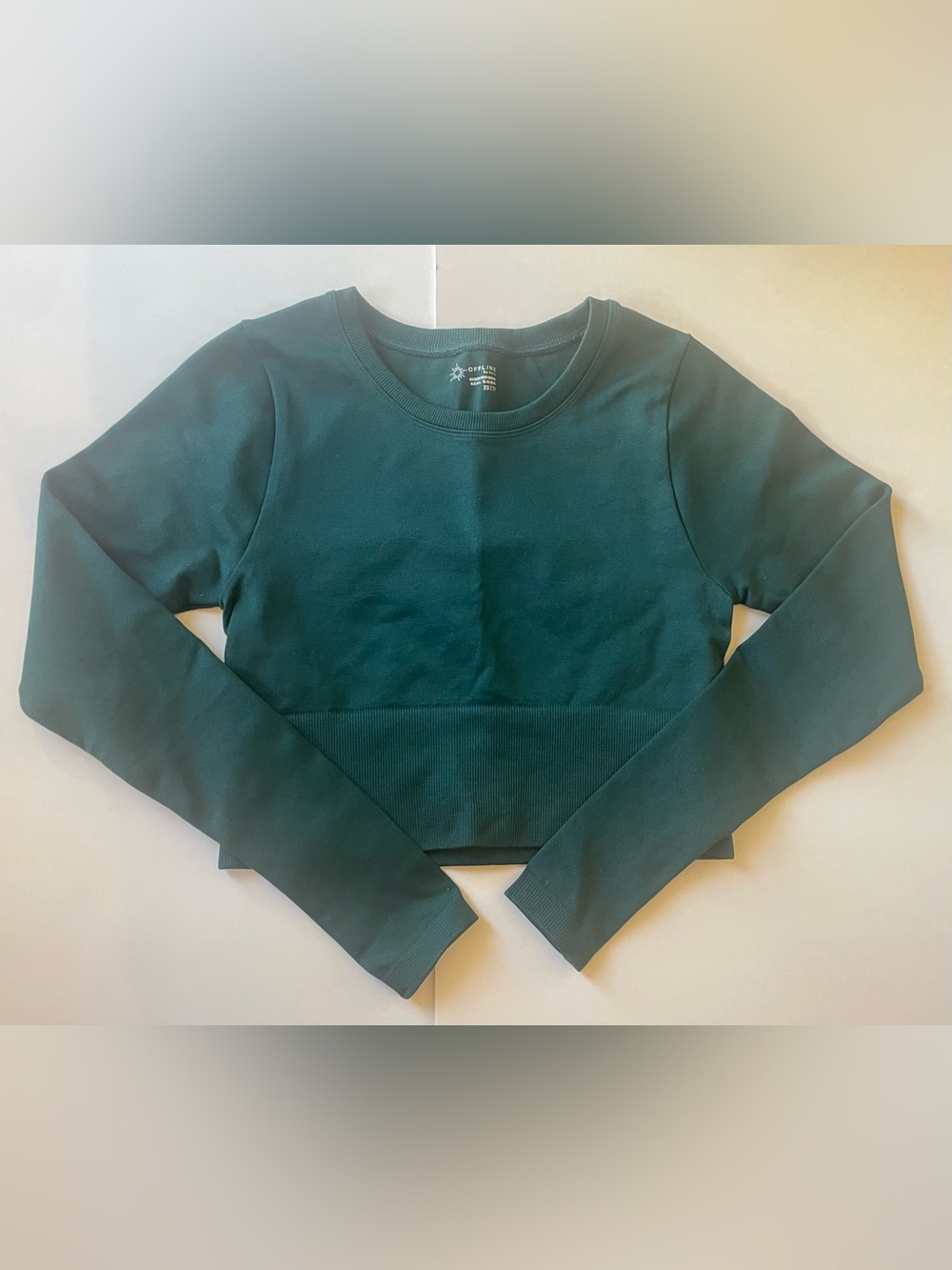 Aerie Dark Green Rib-Band Crewneck Long Sleeve Atheltic Pilates Yoga Cropped Top